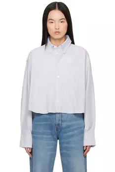 Укороченная рубашка свободного покроя из хлопка синего и бежевого цветов AMI Paris