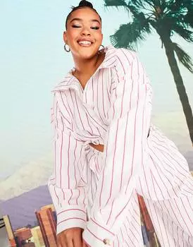 Укороченная рубашка в розовую полоску ASOS DESIGN x MILLIE Curve