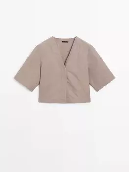 Укороченная рубашка в тон с V-образным вырезом Massimo Dutti, коричневый