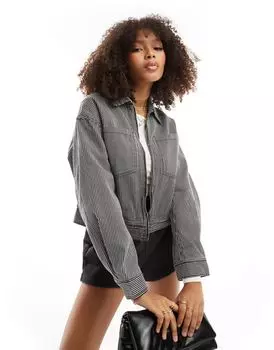 Укороченная темно-серая куртка в полоску ASOS