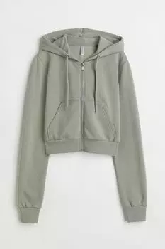 Укороченная толстовка с капюшоном на молнии H&amp;M, светло-зеленый хаки