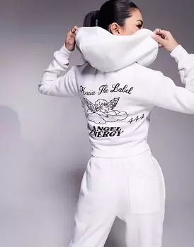 Укороченная толстовка с капюшоном на молнии Kaiia Angel Energy с принтом херувима на спине, цвет белый