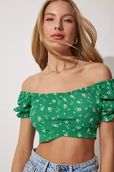 Укороченная трикотажная блузка с цветочным принтом и воротником Carmen Happiness stanbul, зеленый