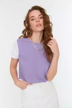 Укороченная трикотажная футболка с блоками сиреневого цвета TWOSS22TS1746 Trendyol, фиолетовый