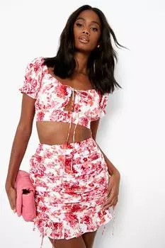 Укороченная юбка с рукавами и цветочными рукавами и со сборами Boohoo, розовый