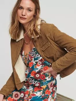 Укороченная вельветовая куртка на подкладке из шерпы Superdry, джинсово-табачный цвет