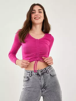 Укороченная Женская блузка с длинным рукавом и V-образным вырезом с рюшами Xside