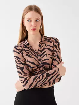 Укороченная женская блузка с длинным рукавом и воротником рубашки с рисунком LCW Casual