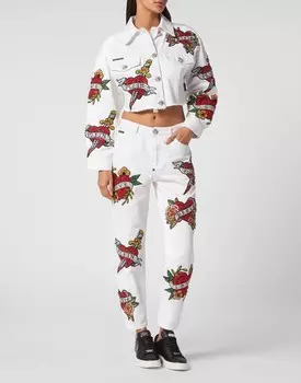 УКОРОЧЕННАЯ ДЖИНСОВАЯ КУРТКА LOVE CRYSTALS Philipp Plein, цвет Summer Snow