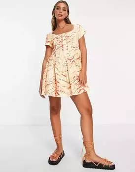 Укороченное корсетное платье ASOS с квадратным вырезом, необработанными краями и абстрактным выгоревшим на солнце принтом