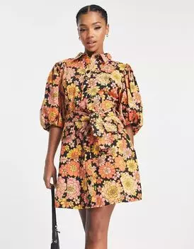 Укороченное платье-рубашка из твила ASOS с пышными рукавами, завязывающимся поясом и цветочным принтом в стиле ретро