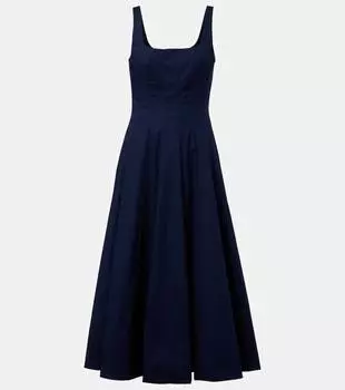 Укороченное плиссированное платье миди из хлопка Wells Staud, темно-синий