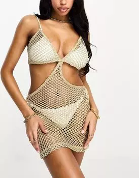 Укороченное пляжное платье золотистой вязки с вырезами ASOS Fuller Bust