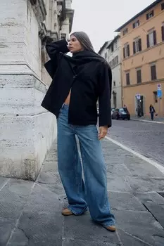 Укороченное шерстяное пальто с шарфом ZARA, черный