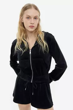 Укороченное велюровое худи на молнии H&M, черный