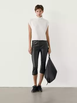 Укороченные брюки из кожи наппа Massimo Dutti, черный