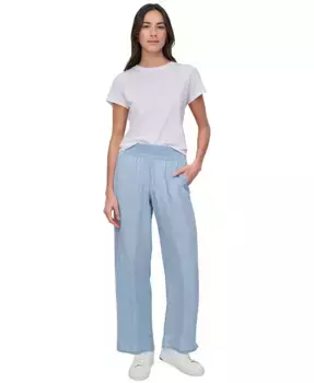 Укороченные брюки-клеш с завышенной талией и сборкой из ткани шамбрей DKNY Jeans, синий