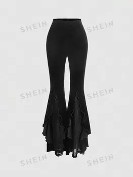 Укороченные брюки MOD, черные, для свидания, романтические, контрастное кружево, рюши, бархат Shein, черный