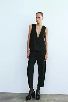 Укороченные брюки с атласной отделкой ZARA, черный