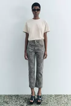 Укороченные джинсы boot cut с высокой посадкой с принтом ZARA, цвет leopard