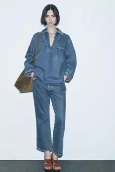 Укороченные джинсы клёш с высокой талией ZARA, синий