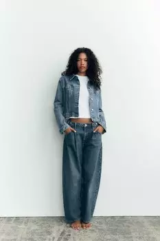 Укороченные джинсы TRF balloon со средней талией ZARA, темно-синий