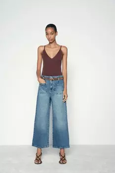 Укороченные джинсы Z1975 с высокой посадкой и поясом ZARA, средне-синий