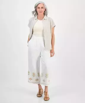 Укороченные хлопковые брюки с вышивкой на резинке Style & Co, коричневый/бежевый