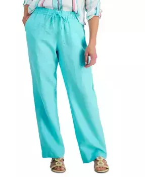 Укороченные льняные брюки на шнурке, 100% лен Charter Club, синий