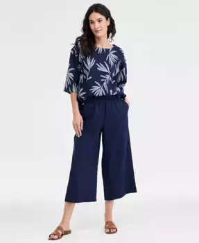 Укороченные льняные брюки с высокой посадкой и широкими штанинами Petite Charter Club, синий