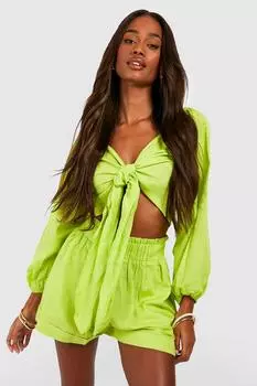 Укороченные льняные шорты с узлом и талией в виде бумажного пакета boohoo, зеленый