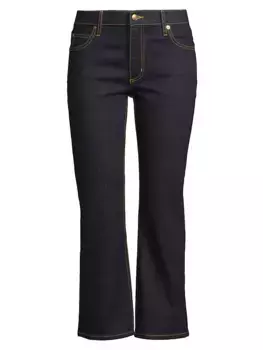Укороченные расклешенные джинсы стрейч с низкой посадкой Tory Burch, цвет dark wash