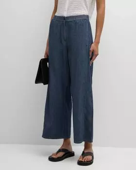 Укороченные широкие брюки из твила из органического хлопка Eileen Fisher, цвет Denim