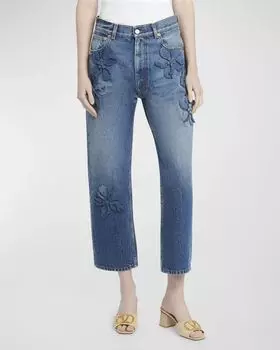 Укороченные широкие джинсы с цветочным узором Valentino Garavani, цвет Blue Multi