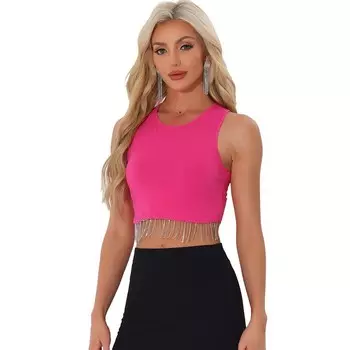 Укороченные топы для вечеринок для женщин, укороченный топ без рукавов со стразами и бахромой, круглый вырез ALLEGRA K, цвет Hot Pink