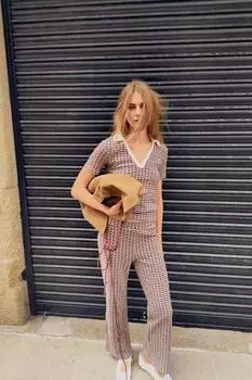 Укороченные жаккардовые брюки ZARA, бордовый