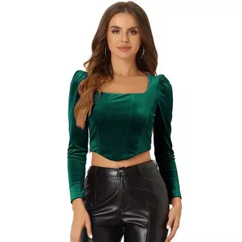 Укороченный бархатный топ с длинным рукавом для женщин, повседневная блузка с квадратным вырезом ALLEGRA K, цвет Dark Green