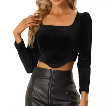 Укороченный бархатный топ с длинным рукавом для женщин, повседневная блузка с квадратным вырезом ALLEGRA K, черный