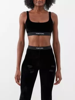Укороченный бархатный топ с жаккардовым логотипом Tom Ford, черный