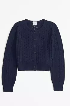 Укороченный белый кардиган с косой вязкой Abercrombie & Fitch, синий