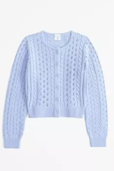 Укороченный белый кардиган с косой вязкой Abercrombie & Fitch, синий