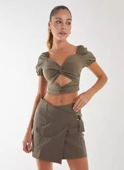 Укороченный бенгальский топ с пышными рукавами Pink Vanilla, хаки