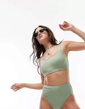 Укороченный бикини-топ Topshop в рубчик цвета хаки