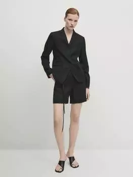 Укороченный блейзер из 100% льна Massimo Dutti, черный