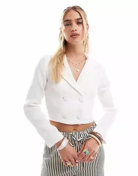 Укороченный блейзер из фактурной ткани цвета слоновой кости Narrated