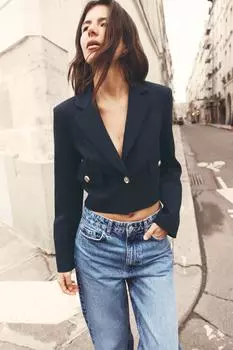 Укороченный блейзер с мягкими плечами ZARA, темно-синий