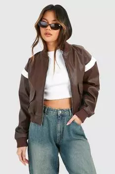 Укороченный бомбер из искусственной кожи с байкерскими деталями boohoo, коричневый