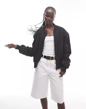 Укороченный бомбер Topshop – темно-серого цвета с полосками и добавлением шерсти