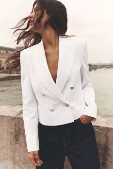 Укороченный двубортный блейзер ZARA, белый