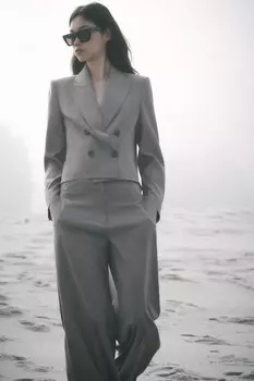 Укороченный двубортный пиджак ZARA, серый